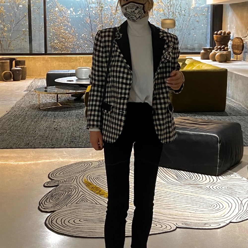 MOSCHINO black&white plaid blazer with rhinestones